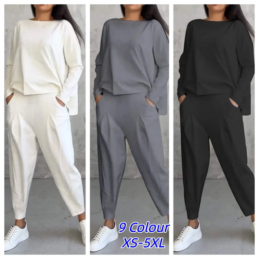 Tracksuits Women's Trousers Suit O-neck Long Sleeve Loose T-shirt Solid Color Trousers Pocket Simple 2-piece Set Loungewear