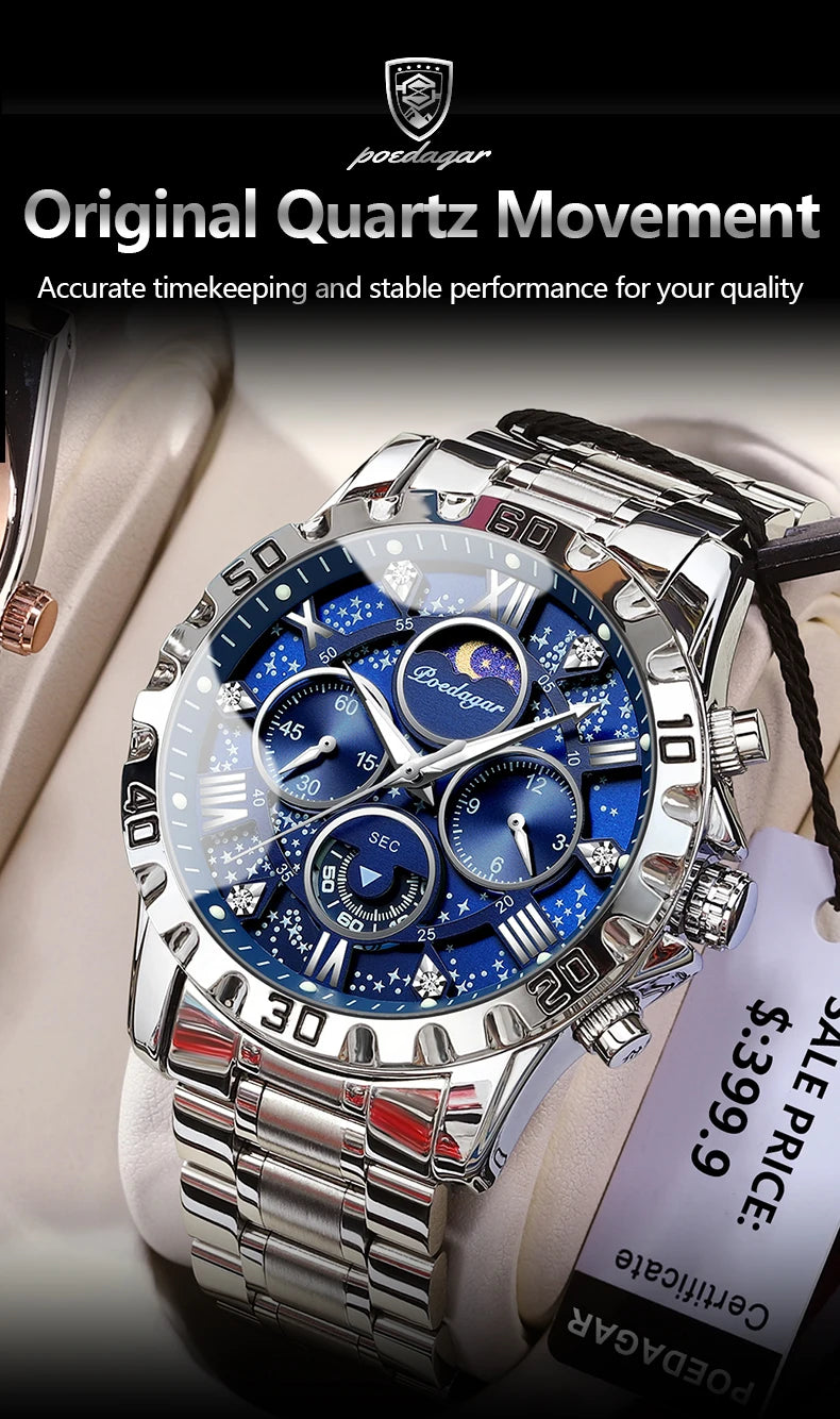 POEDAGAR Trendy Men Watch Chronograph Waterproof Luminous Stainless Steel Man Wristwatch Luxury Business Quartz Watches For Men