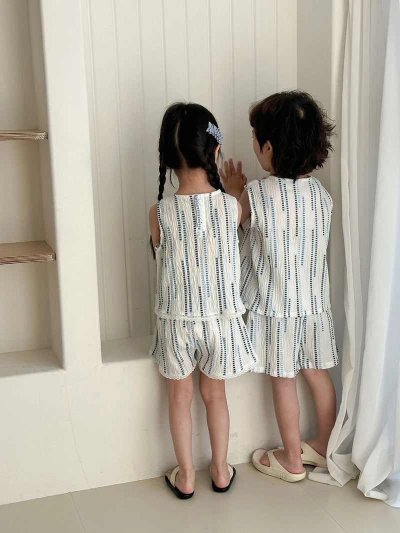 Summer Children's Vest Set Girls Lace Top Suit Kids Embroidered Striped Tank Top and Shorts 2Pcs Boys Casual Suit Sibling Outfit