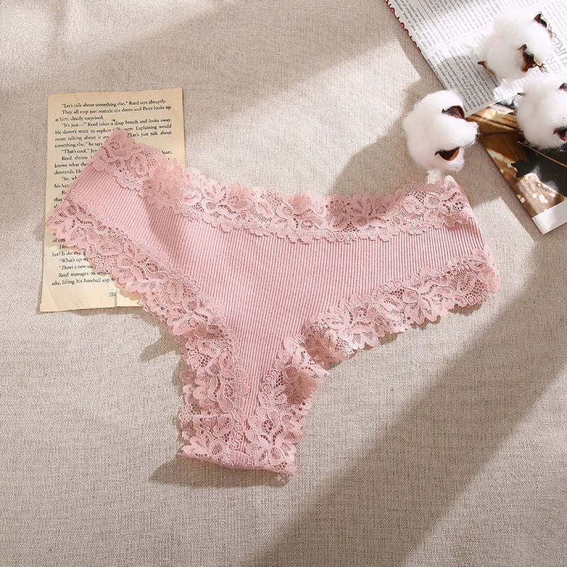 Lace Seamless Brazilian Panties Ribbed Cotton Low Waist Women's Panties Breathable Girls Underwear Plus Size Lingerie S-XL