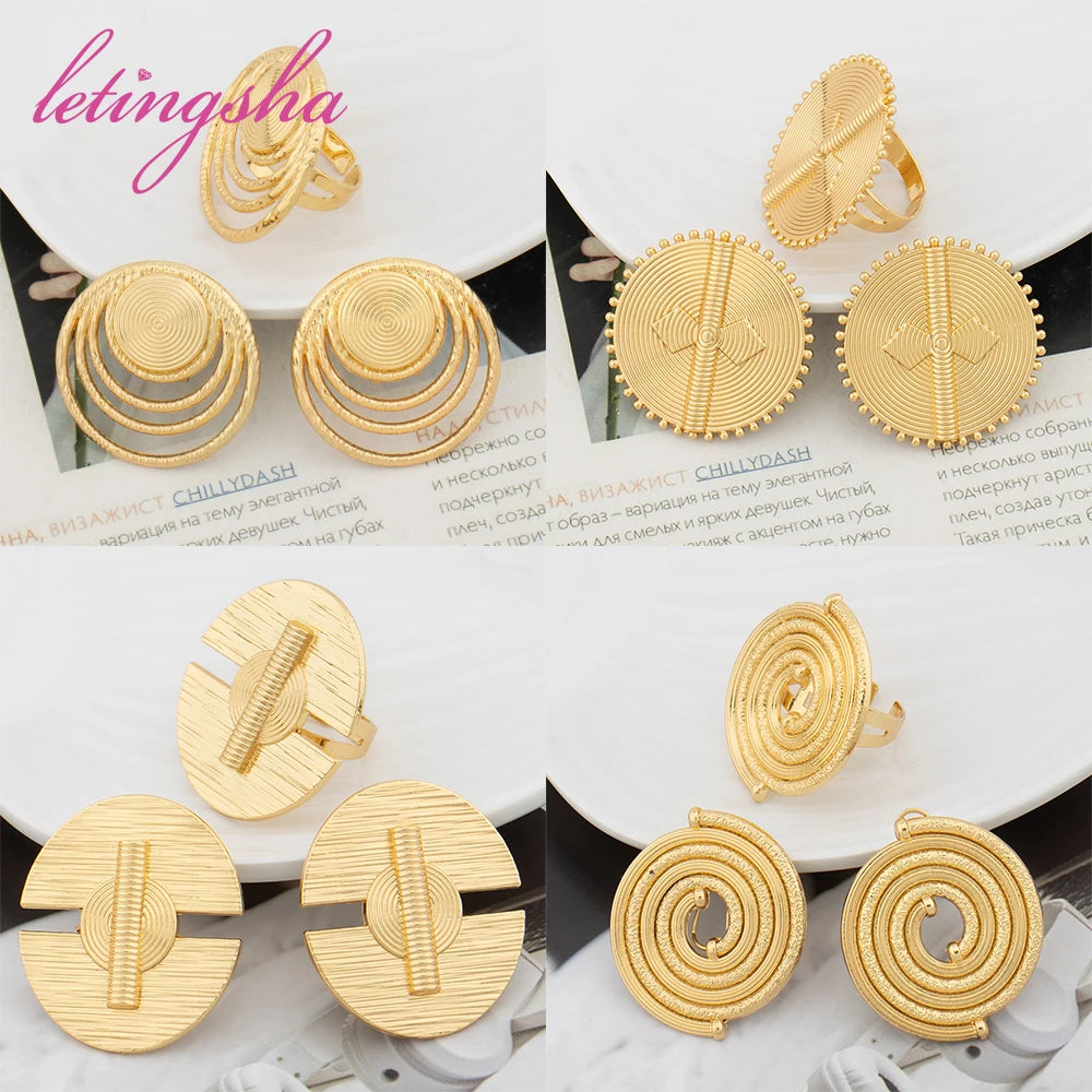 French Fashion New Collecation Jewelry African Gold Color Earrings Rings Sets Dubai Classic Women's Necklace Earrings Set Party