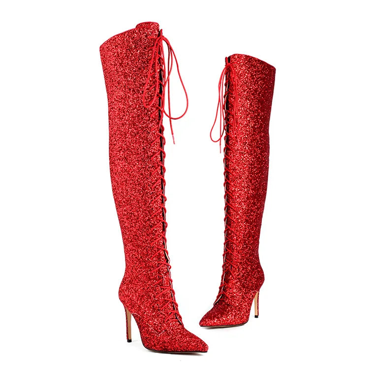 10CM Night Club Over The Knee Boots Sequins Thin High Heels Fashion Lady Pointed Long Boots Autumn Winter Party Shoes For Women