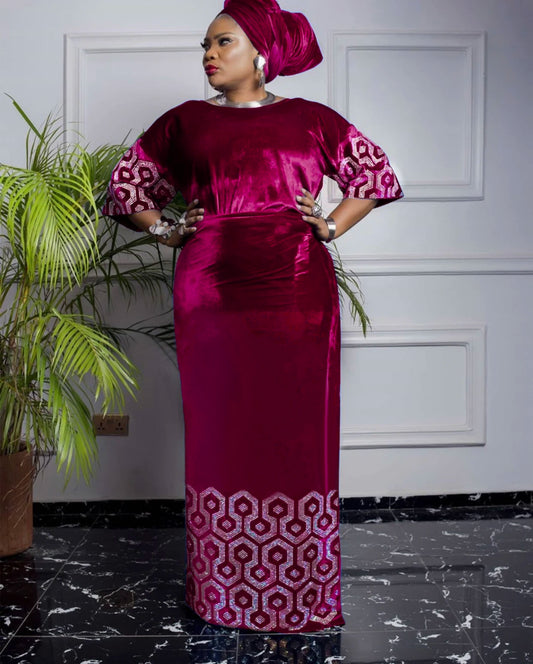 African Dresses For Women Velvet Full Stone Dress Top With Wrapper Scarf 3pieces