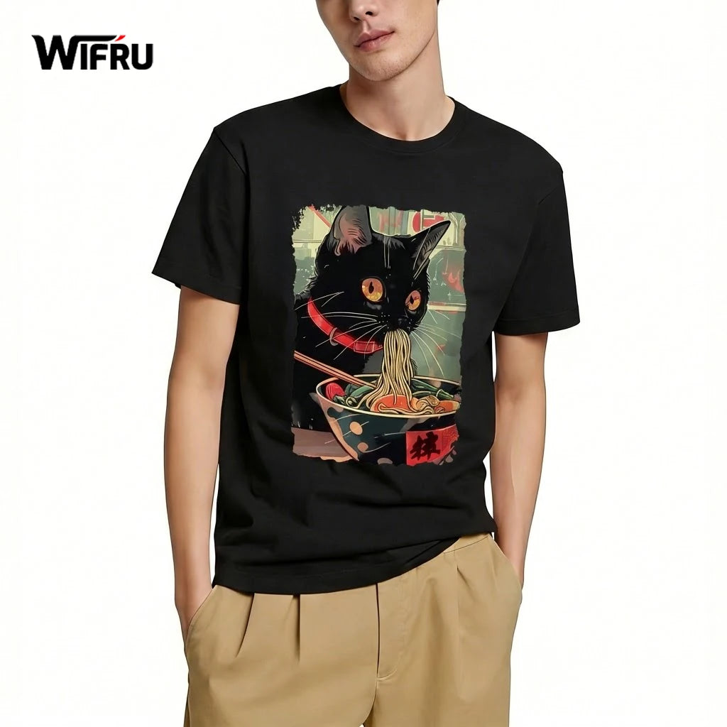 Japanese Anime-Style Ramen Black Cat Graphic T-Shirt Kawaii Animal Print Casual Daily Home Tees Classic O-Neck Short Sleeve Tops