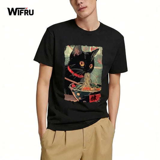 Japanese Anime-Style Ramen Black Cat Graphic T-Shirt Kawaii Animal Print Casual Daily Home Tees Classic O-Neck Short Sleeve Tops