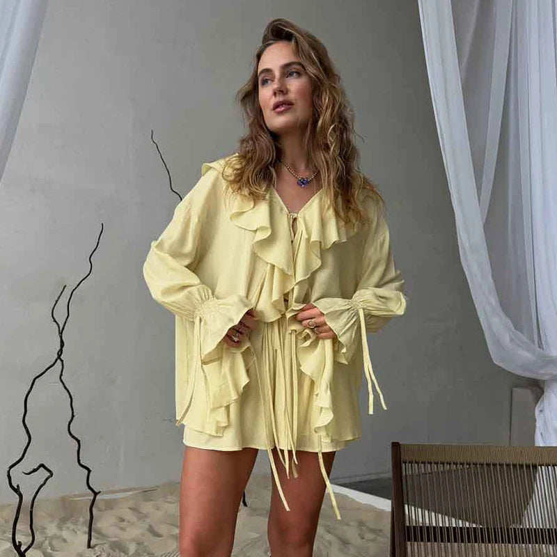Tornova Women's Ruffled Shorts Sets V Neck Loose Lace Up Shirt Loose Through Sexy Casual Shorts Female Spring New Matching Sets