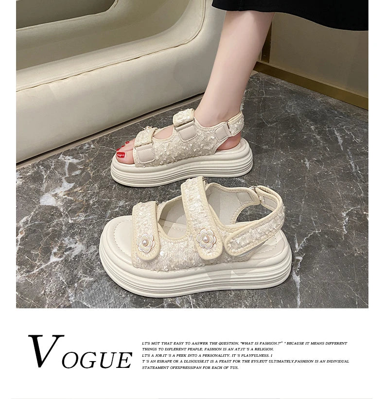 Women's Platform Sandals Handmade Leather Rubber Bottom Flat Sandals Metal Decorative Element Summer Casual Ladies Outdoor Shoes