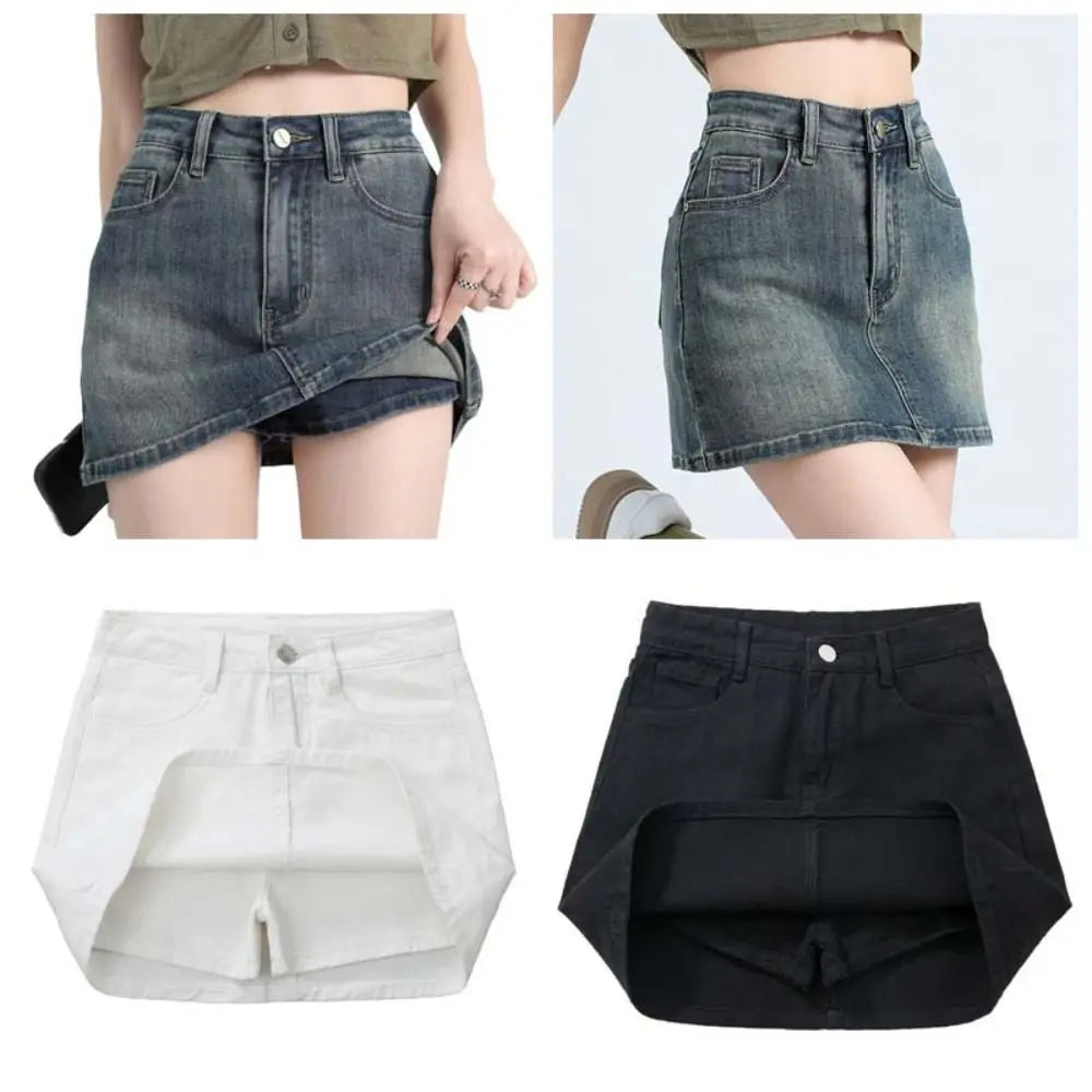 Includes Shorts Pants High Waist a-line Skirt Wide Leg Basic Denim Shorts Skirt Women Streetwear High Waist