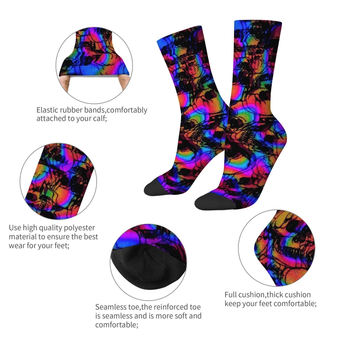 Harajuku retro psychedelic colorful dark skull print men's socks novel street trend cyberpunk style casual socks party gift