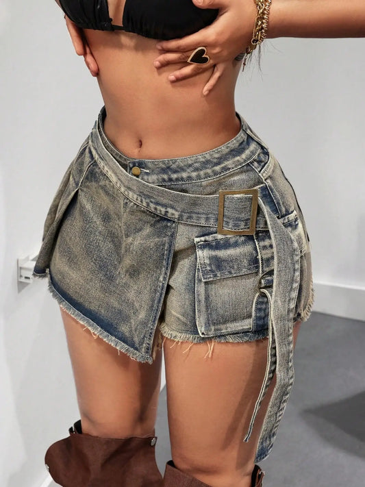 Vintage High Waist Denim Skirt Pants, Anti-Slip Sexy Shorts, Casual Fitted Design, Plain Pattern, Women's Fashion