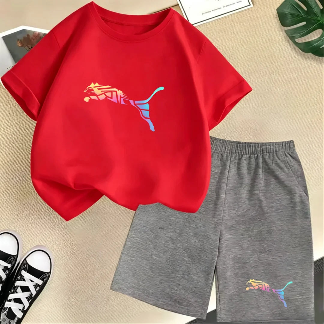 Kids Summer Casual Round Neck T-shirt Colorful Gradation Animals Boy Girl3-12Yrs Short-Sleeved+Shorts Fashion Sports Clothes Set