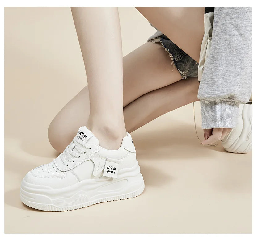 Fujin 8.5cm Genuine Leather Women Vulcanize Chunky Sneakers Women Summer Hidden High Heels Platform Wedge Summer Mesh Shoes