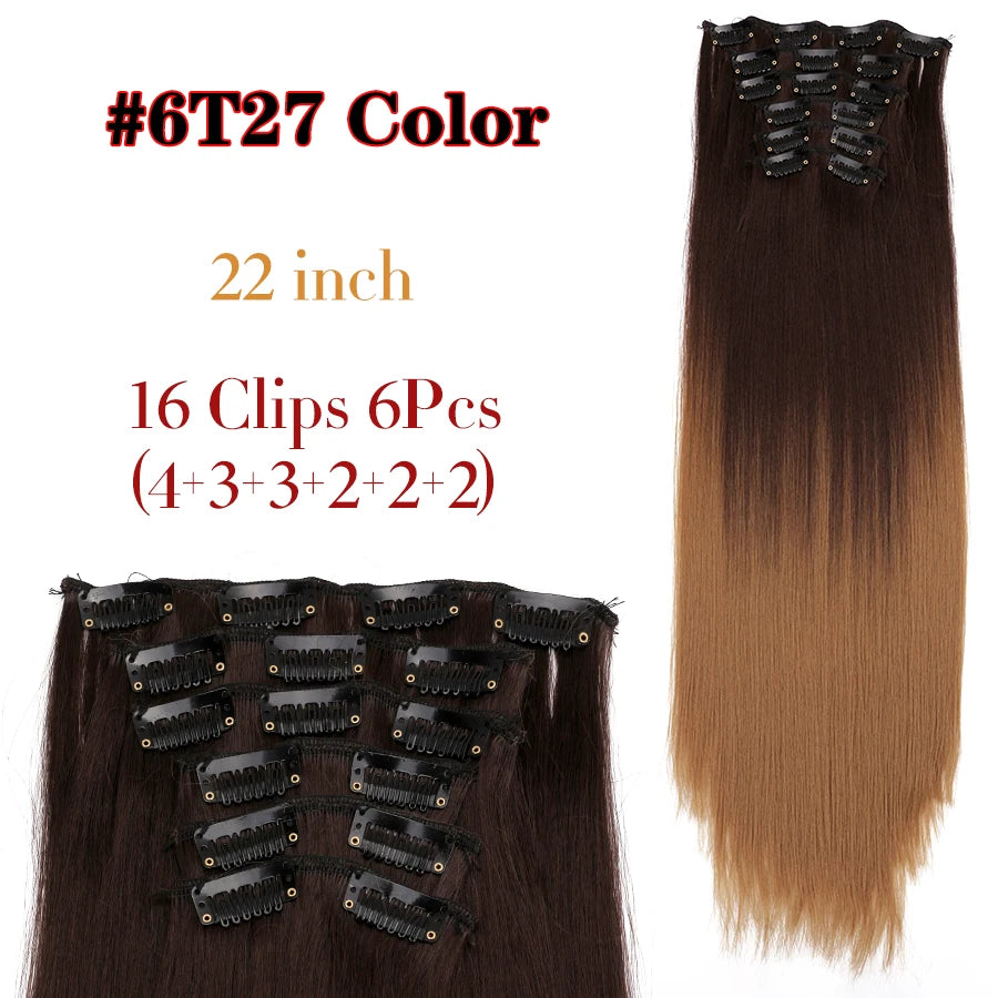 22 Inches Synthetic Long Straight Hairstyle 16 Clips 6Pcs/Set Hair Extensions Blonde Black Hairpieces Heat Resistant For Women