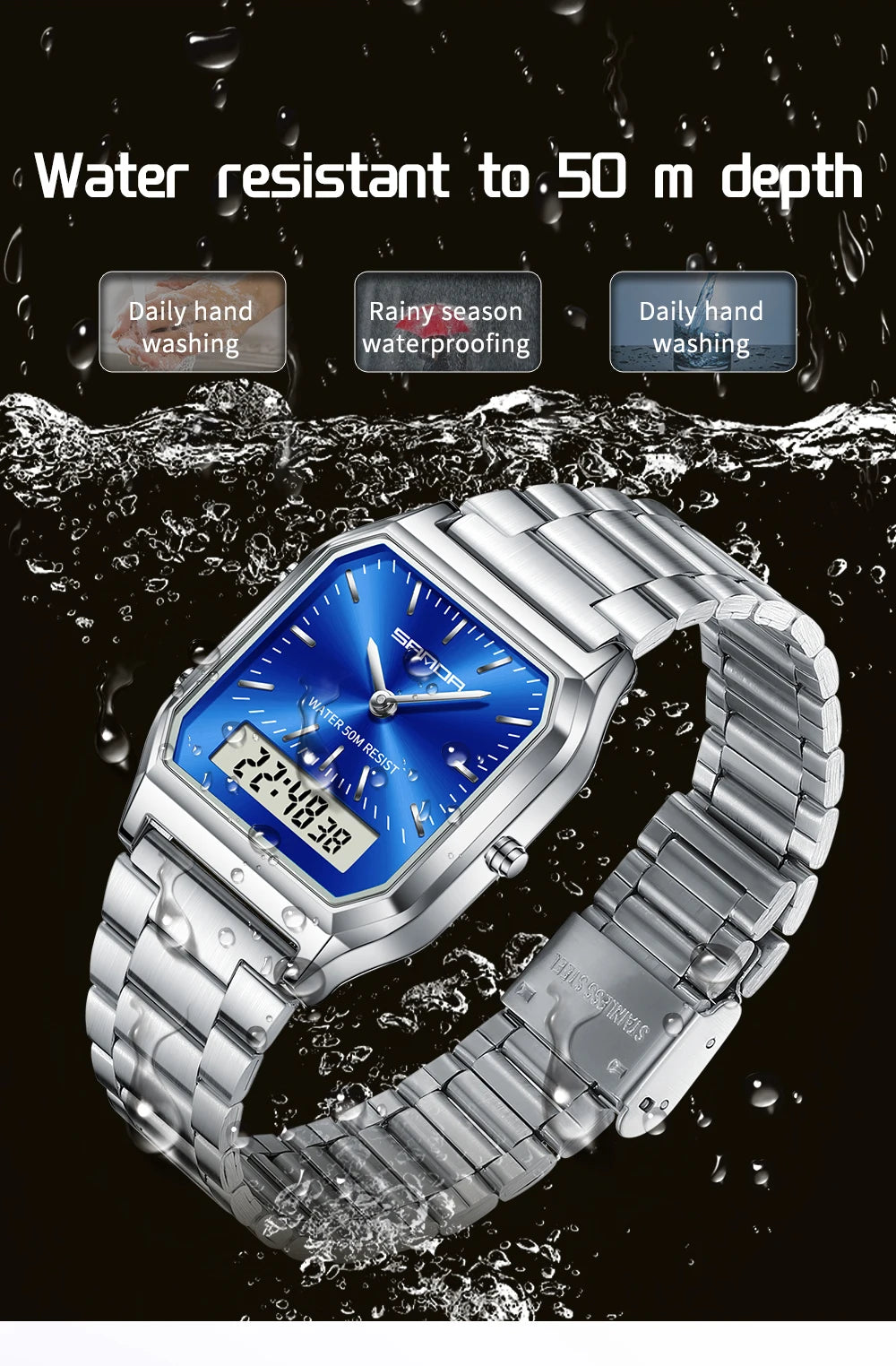 SANDA Men's and Women Watch Fashion Watches Business Style Alarm Clock Man Digital Wristwatch Square Dial Stainless Steel Strap