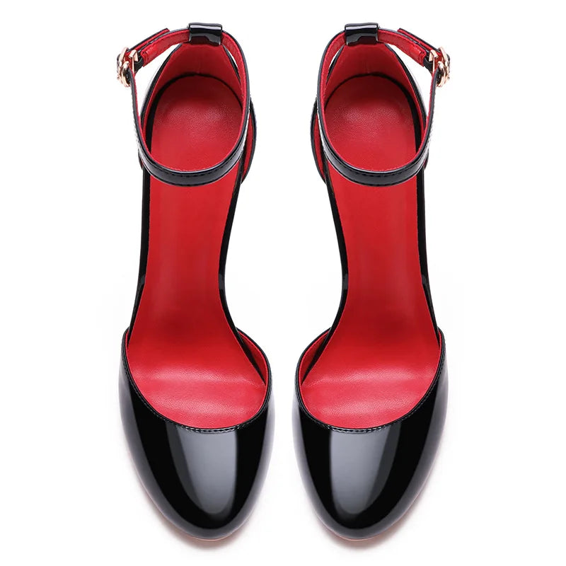 Black Patent Leather Women Ankle Strap Stiletto Pumps 10cm 12cm Professional High Heels Pointed Toe Sexy Summer Buckle Sandals