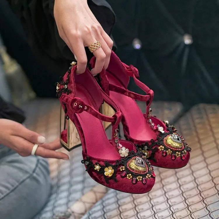 Light Blue Silk Women T-strap Pumps Platform Metal Flowers Decor Wine Red Wedding Shoes 10cm Fretwork High Heels Chaussure Femme