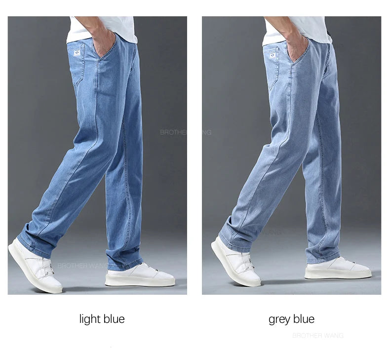 Lyocell Ice Silk Jeans Men's Summer Ultra-thin Loose Straight Denim Pants Soft Comfortable Brand Male Light Blue Trousers