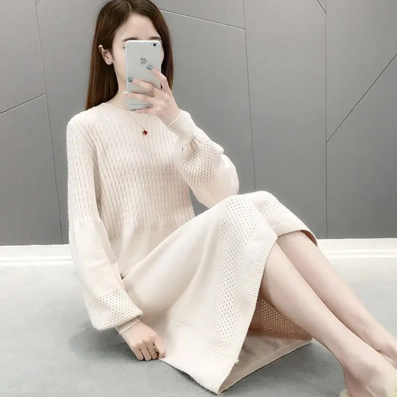 Solid O Neck Long Sleeve Sweaters Jersey Dress Elegant Fashion Harajuku Slim Fit Female Clothes Casual Sweat All Match Dresses