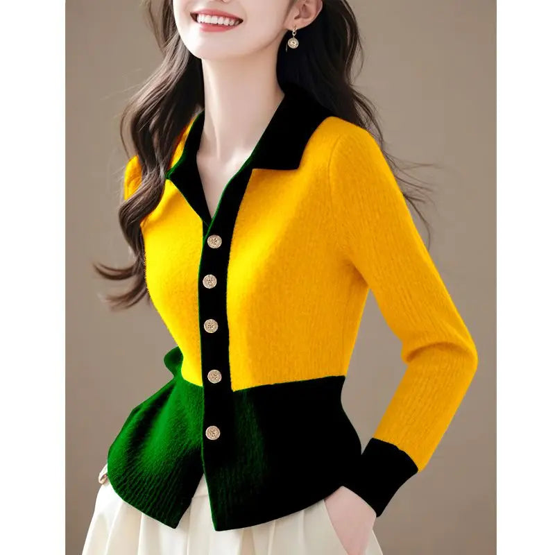 2024 Patchwork New Autumn Winter Polo Knitting Cardigan Sweater Coat Fashion All-match Long Sleeve Temperament Top Tee Women's