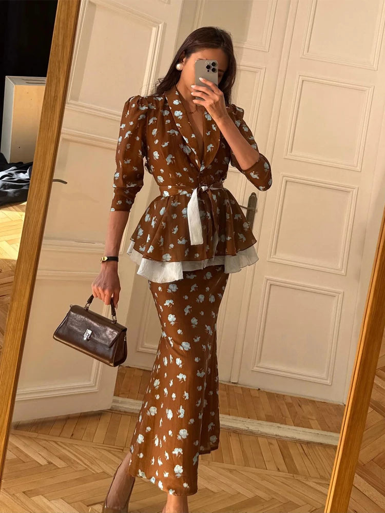 Polka Dot Skirt 2 Piece Set Women Casual High Collar Tie Full Sleeves Elastic High Waist Long Skirt Suit Lady Daily Outfit New