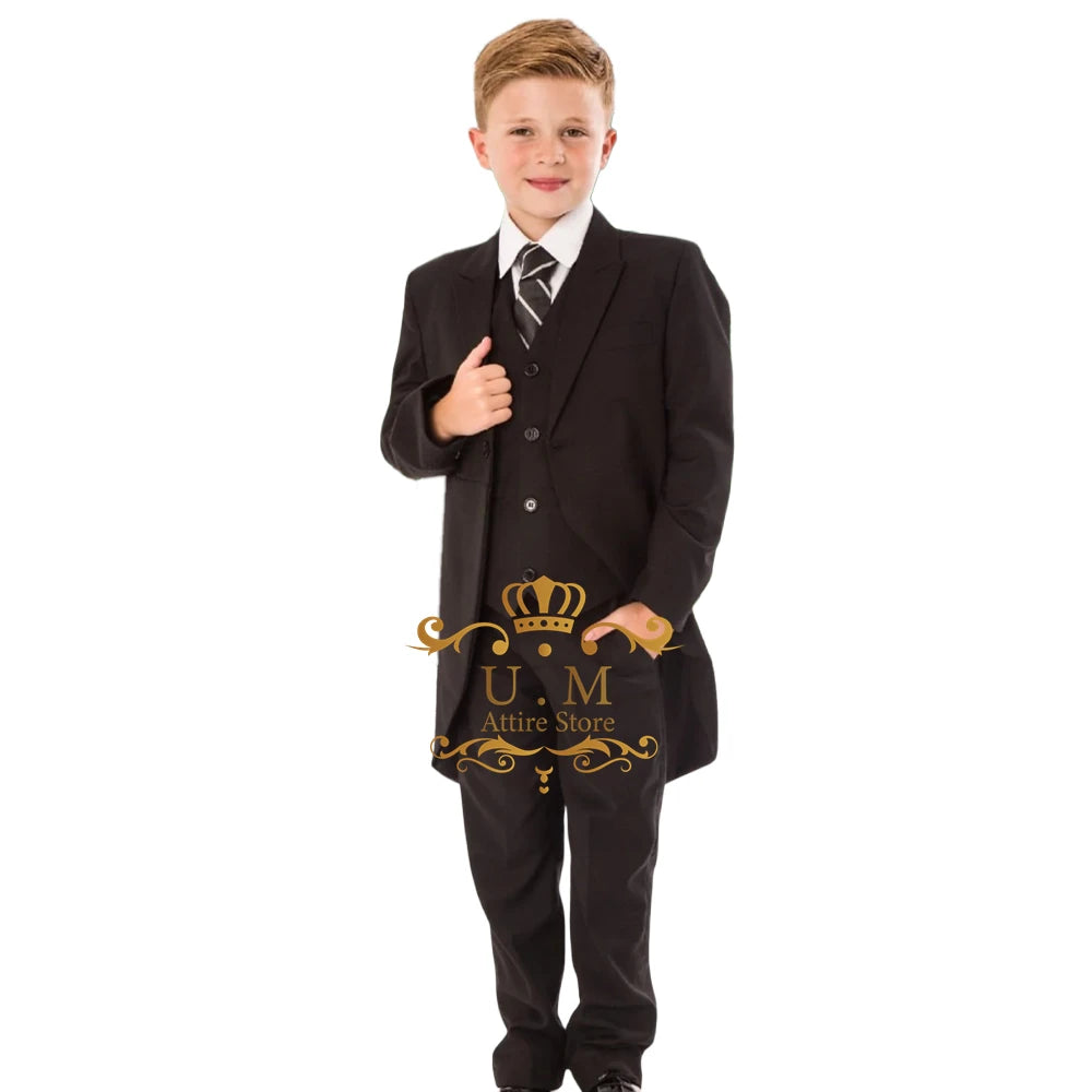 Custom Boys' 3-Piece Tuxedo Set Long Jacket Black Vest Pants Slim Fit Suit for Wedding Birthday Party Children Performances