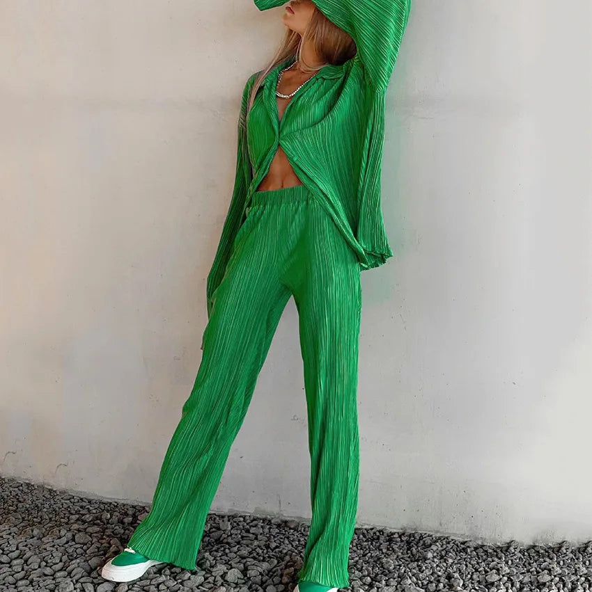 New Two Piece Set Women Outfits Pleated Women's Elegant  Drape Loose Sets Shirt High Waist Trousers Female Suit Fashion Casual