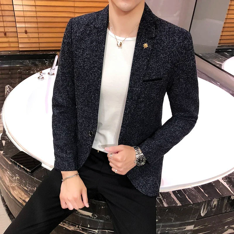Spring and Autumn New Boutique Japanese Style Print Stand Collar Mens Casual Jacket Slim Male Coat Male Plaid Suit Jacket Blazer