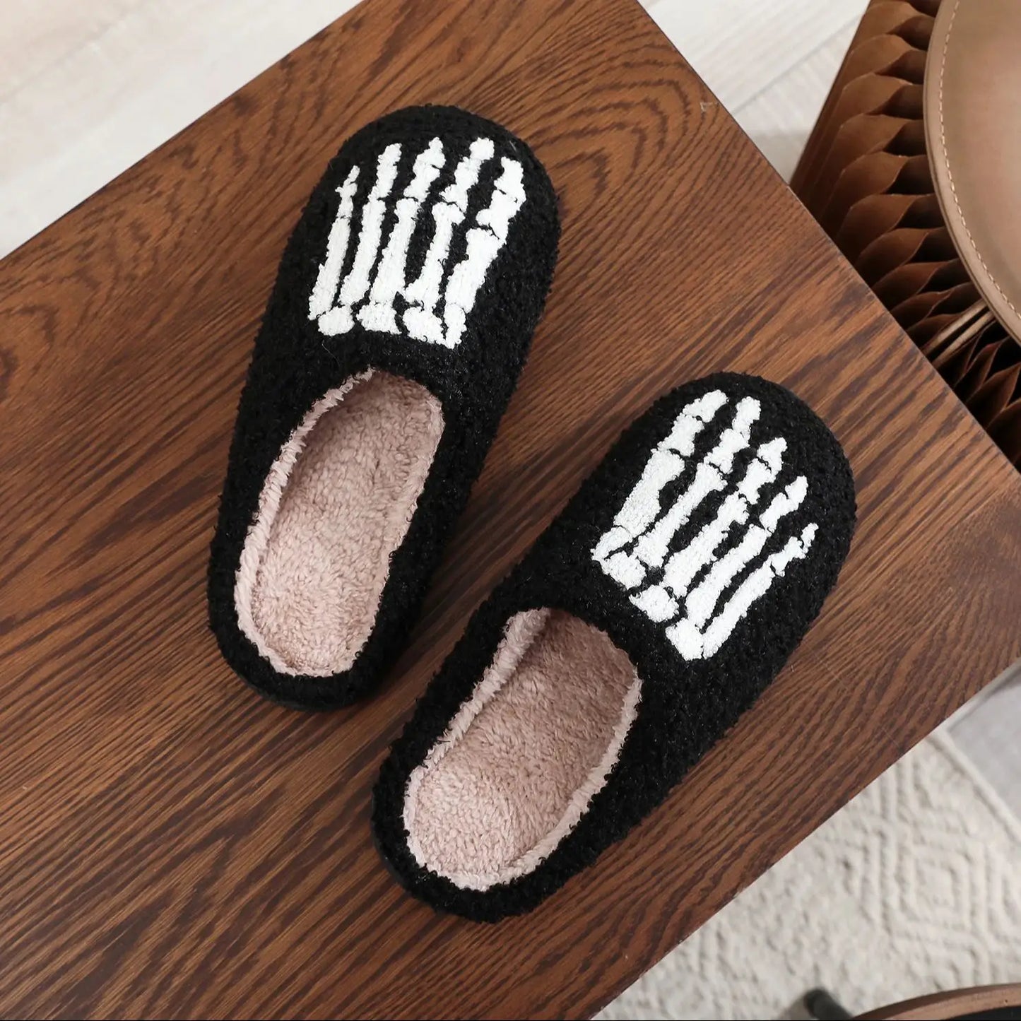 Skull Toe Pattern Personality Dark Style Embroidery stuffed Home Platform Cozy Fur Cotton Slippers Warm Non-slip Indoor Slippers Men Women Halloween Gift