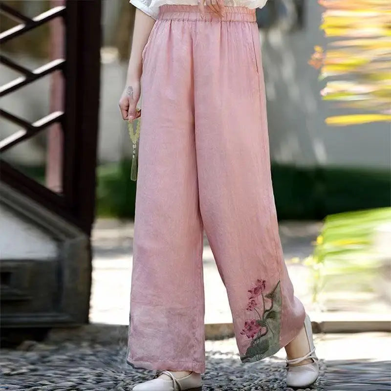 Chinese Style Vintage Embroidery Casual Trousers Women Summer Pants Literature Art National Style Retro Embroidery Bottoms