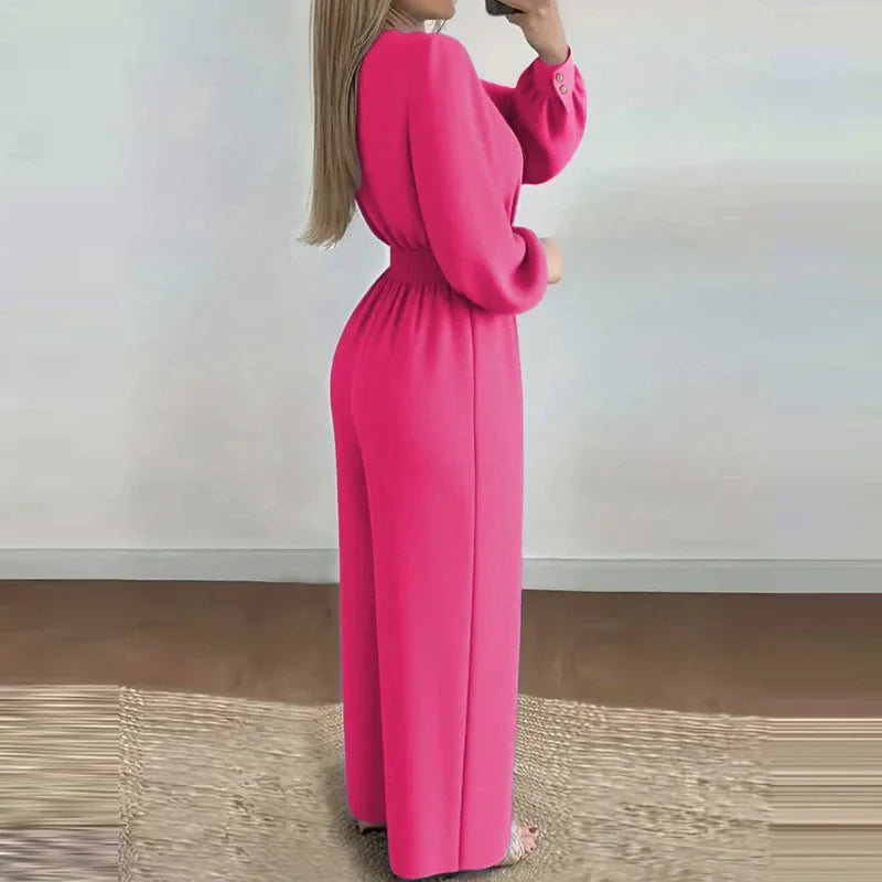 V Neck Solid Long Jumpsuits Fashion Commuting Belt Lace-Up Puff Sleeves Wide Legger Romper Casual Long Sleeve Women's Playsuit