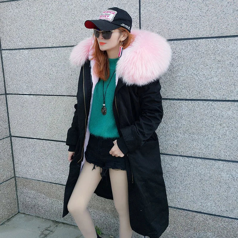 Maomaokong Winter Woman Natural Fur Overcoat Plus Size Black Parkas Raccoon Real Fur Lining Extra Larg Warm Jacket Coats Long