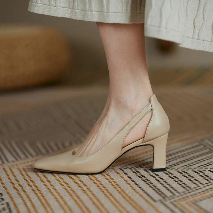 Office Ladies Summer Footwear High Heels Pumps On Heeled Square Toe Shoes For Women 2025 Fashion Leather Casual Slip A Vacation