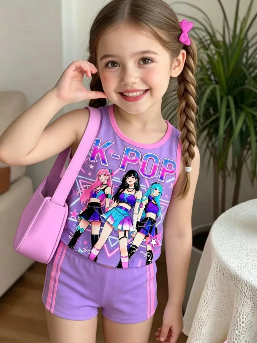 Kids Clothes Girls 2-Piece K-Pop Star Print Tank Top T-Shirt & Shorts Set Casual Streetwear Summer Daily Outfit Girls Clothes