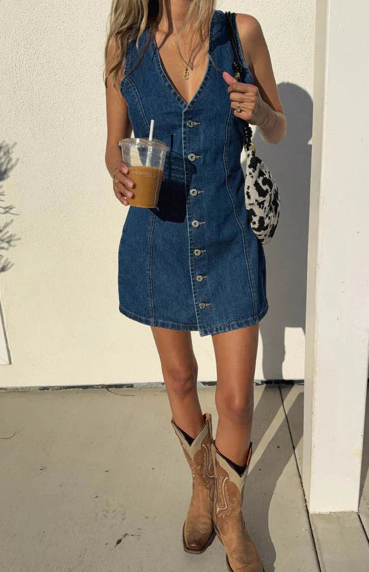 Denim Dress Women Mid Length Dresses Vest Vestidos Y2k Streetwear Elegant Splice Party Night Work V Neck Sleeveless Tight Waist