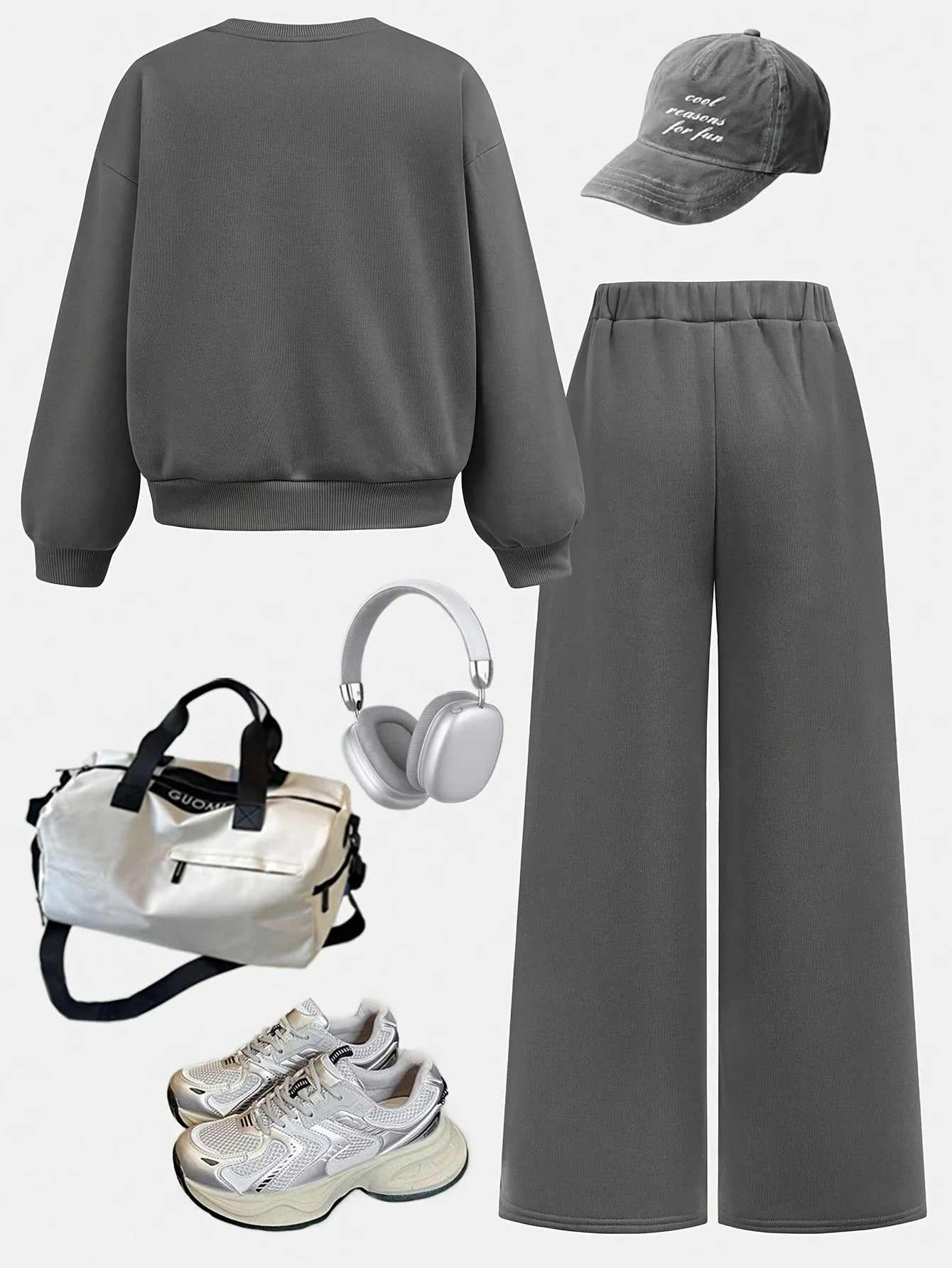Girls' casual two-piece set: grey bow-accented sweatshirt and high-waisted long pants; a versatile, fresh-style outfit perfect f