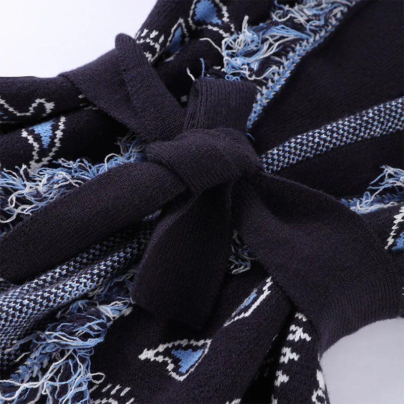 Elegant Print Tassel Cardigan Women Belt V-neck Long Sleeve Loose Knitted Sweaters Female 2025 Autumn Winter Chic Knitwears Lady