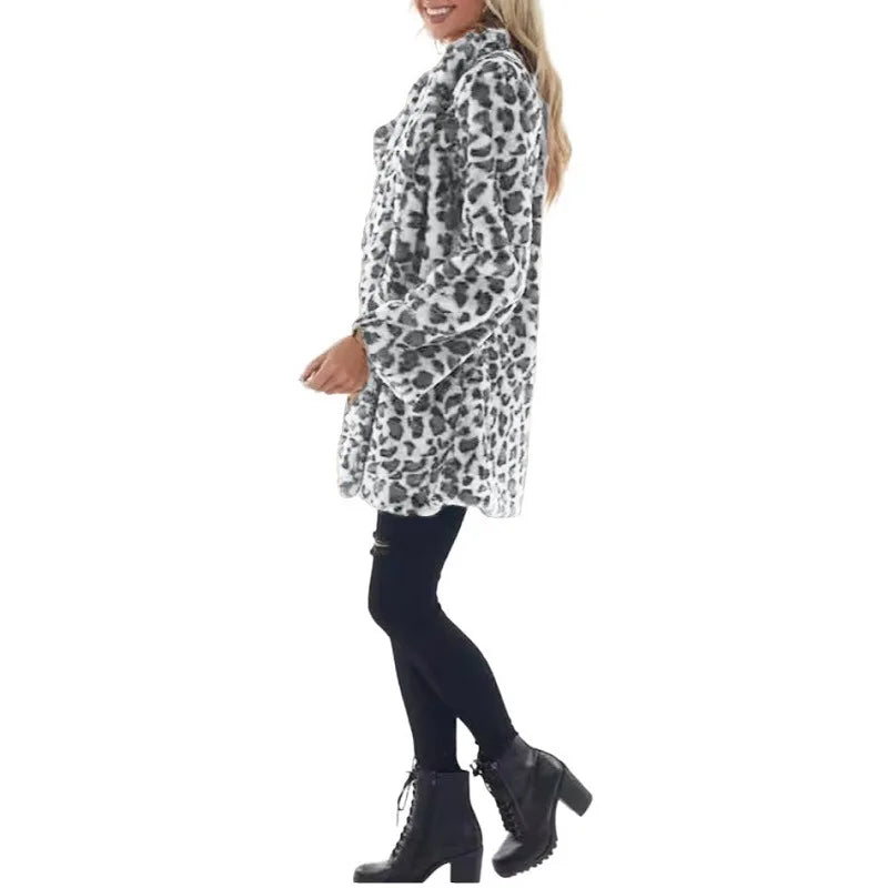 Women Winter Warm Faux Fur Coat Fashion Casual Turn-down Collar Leopard Jackets Ladies Streetwear Long Sleeve Pockets Overcoats