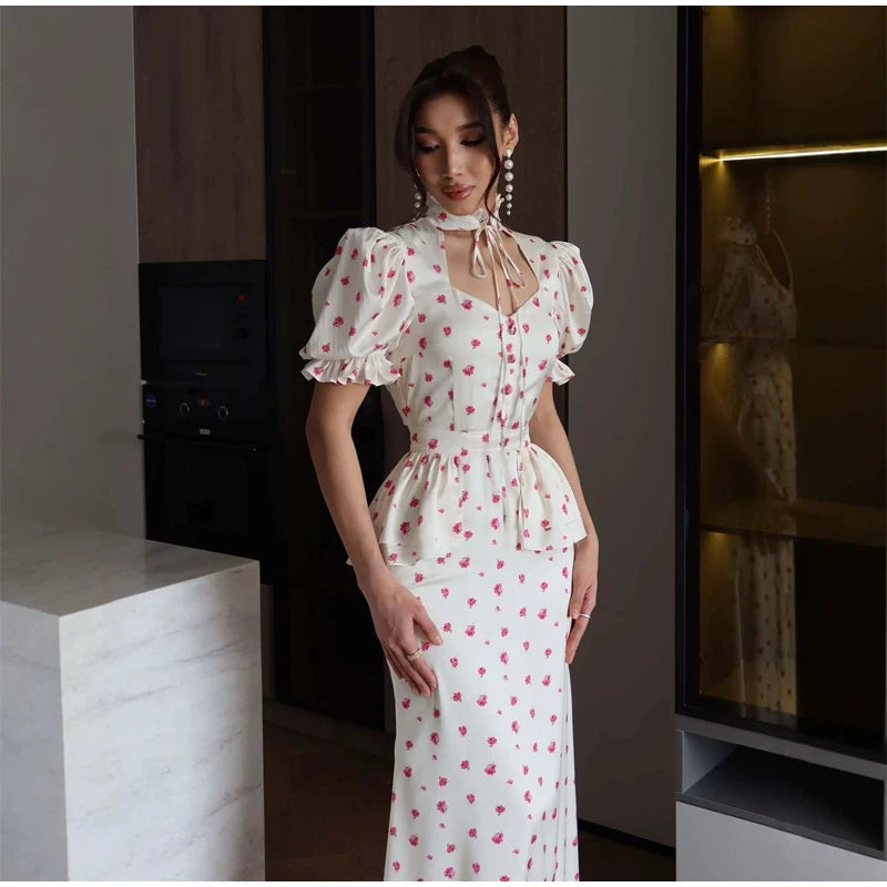 Women White Pink Floral Print Fishtail Skirt Set Chic V Neck Puff Sleeve Ruffle Button Crop Top Suit Elegant Lady Wedding Outfit