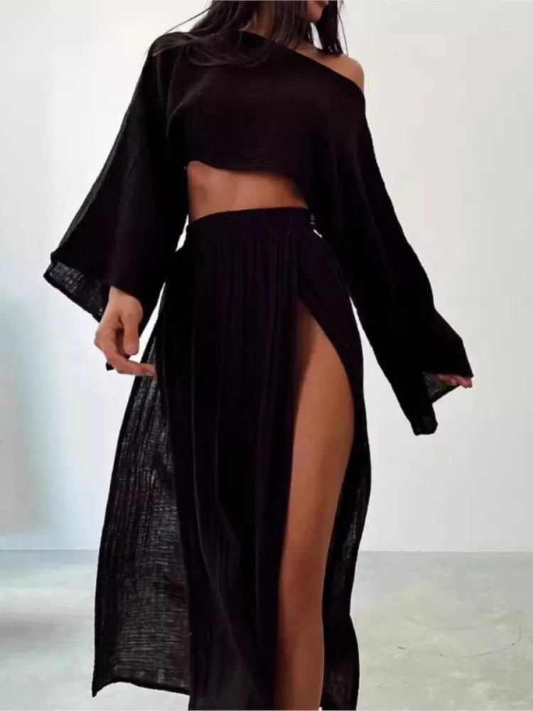 Casual Holiday Style Simple Solid Color Skirt Set Linen Blended Short Top High Waist Chic Split Cotton Linen Two-piece Set