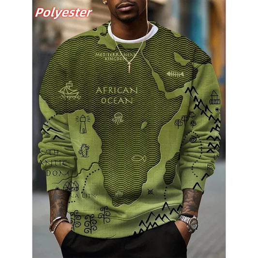 African Ocean Pattern Hoodie For Men Africa Map 3D Printed Pullover Autumn Long Sleeve Loose Round Neck Hoodies Sweatshirt Tops