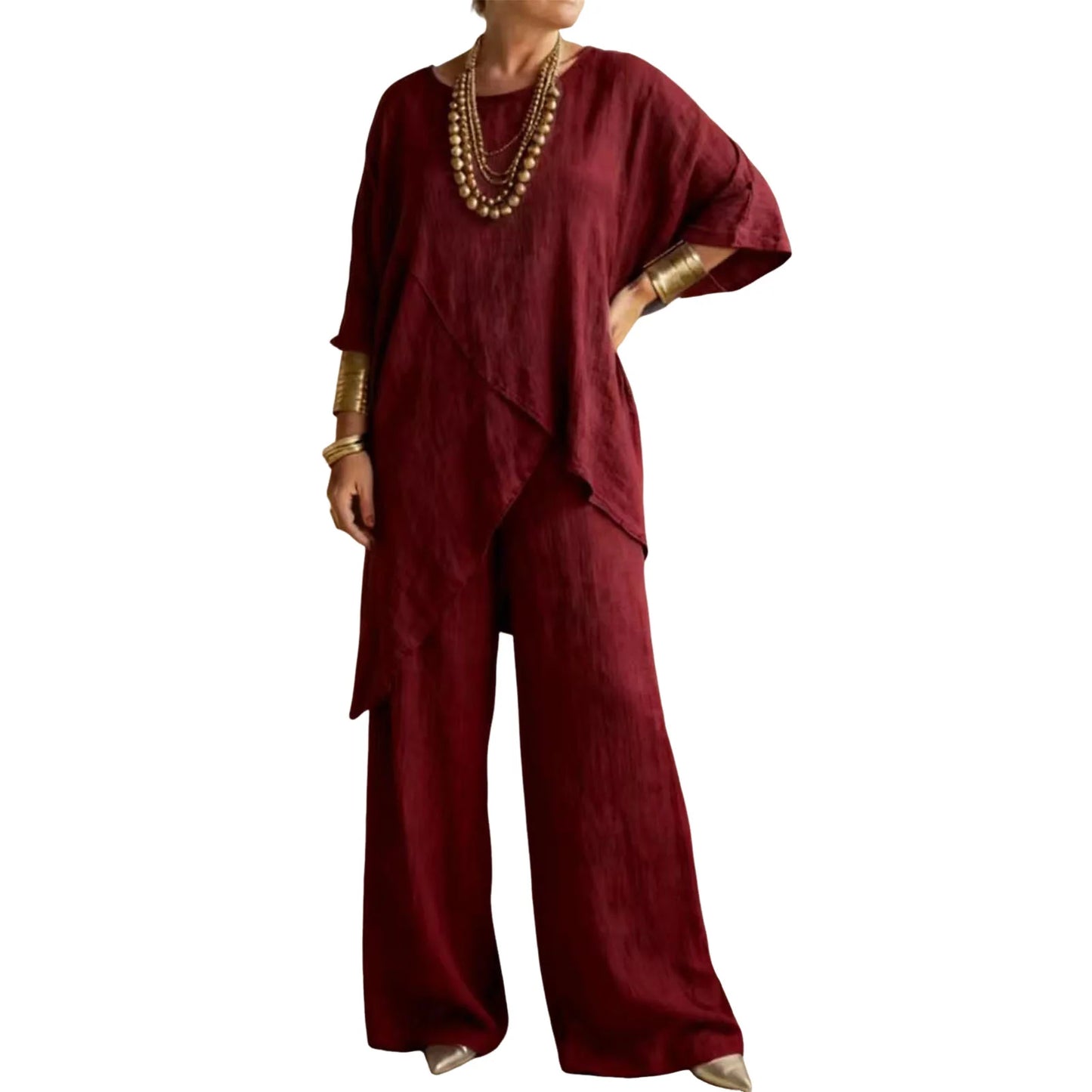 Women's Cotton Linen 2-piece Sets Large Size Casual Wear Sportswear Suit Short-Sleeved O-Neck Top Wide Leg Pants Suits For Women