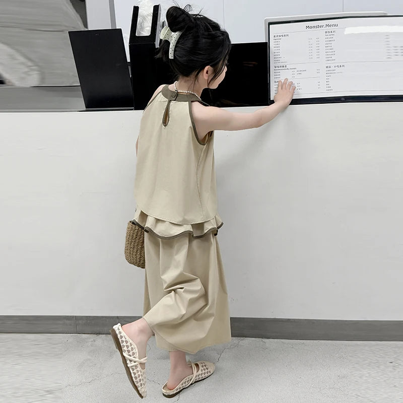 Girls Summer Casual Loose Skirt Pants Set Two Piece Outfit Big Kids Fashion Children's Clothing Set Comfortable