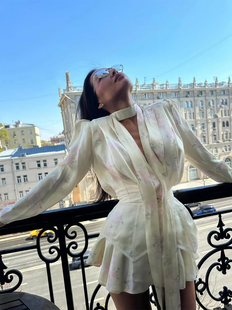 Elegant Floral Printed Waist-cinched Mini Dress Women Pleated Deep V-neck Long Sleeve Button-front Dresses Fashion Party Robe