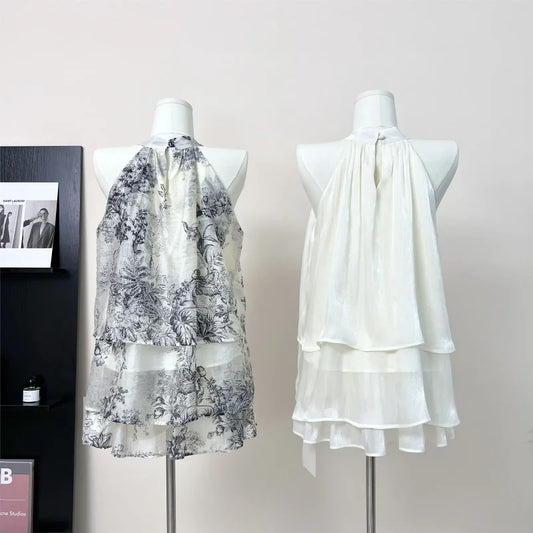 Ink Print Two Piece Sets Women Suspender Hanging Neck Sleeveless Top Irregular Retro Mini Skirt Elegant Korean Style