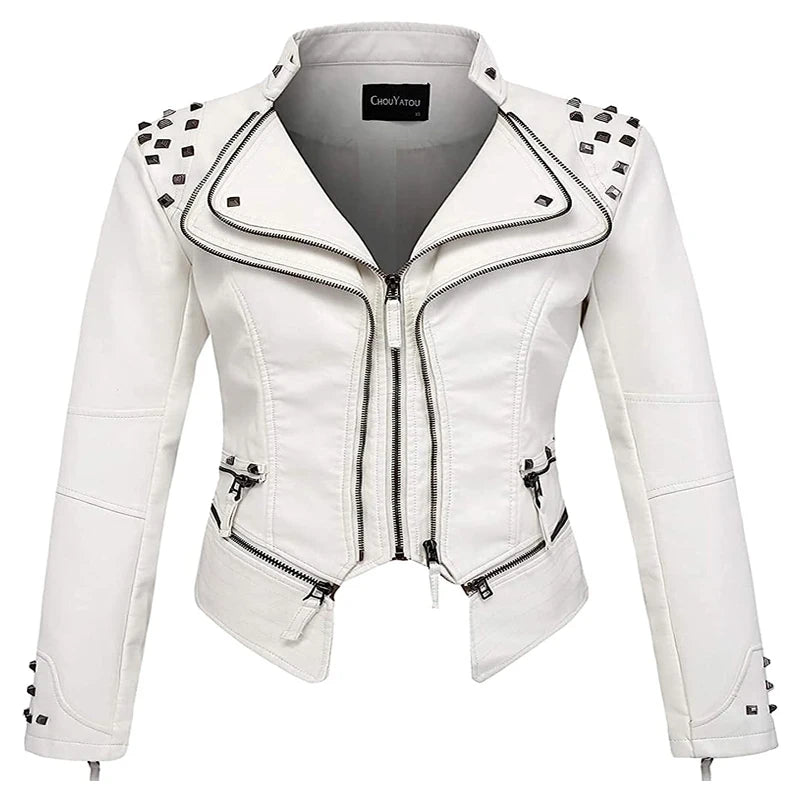 2025 Spring Women PU Leather Jacket With Suit Collar And Rivet Waist