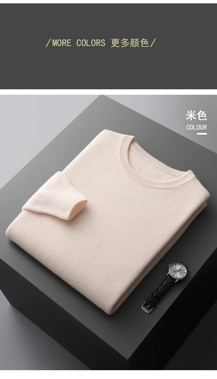 100% Merino Wool Sweater Men's O Neck Pullover Tops One-piece ready-to-wear Autumn Winter Solid Color Sweater Versatile Basic