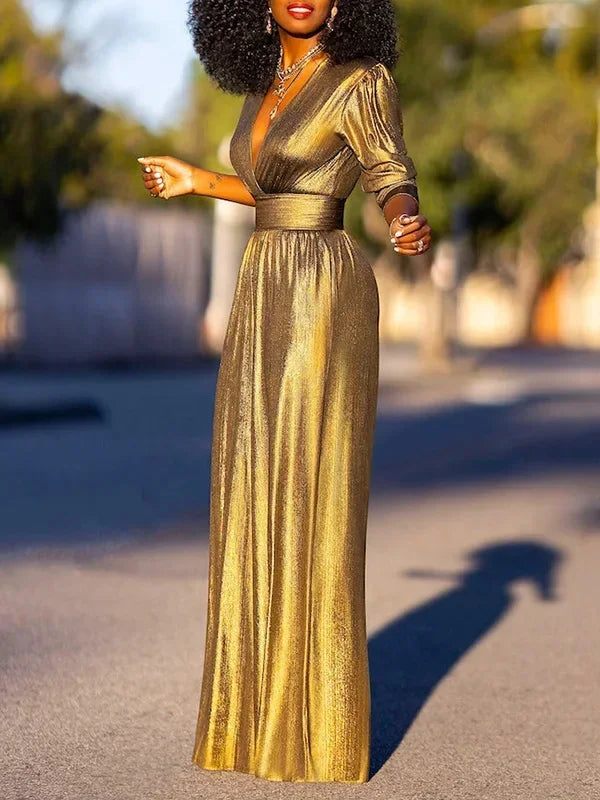 Uoozee Female Fashion Sexy Deep V-neck High Waisted Wide Leg Jumpsuits 2025 New Long Sleeves Solid Color Loose Party Outfits
