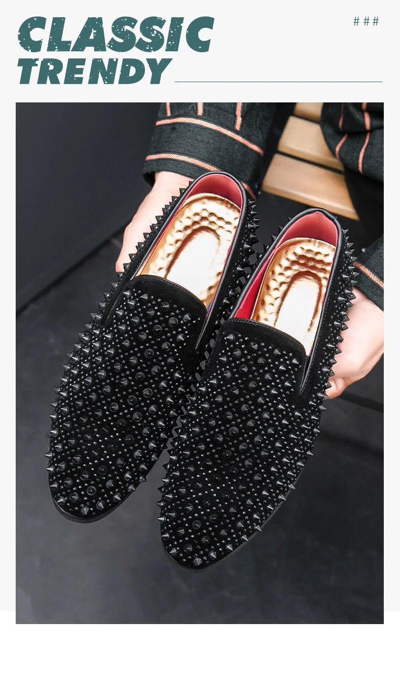 Men's Fashion Suede Leather Rivet Loafers Mens Casual Printed Moccasins Oxfords Wedding Shoes Man Party Driving Flats EU size 47