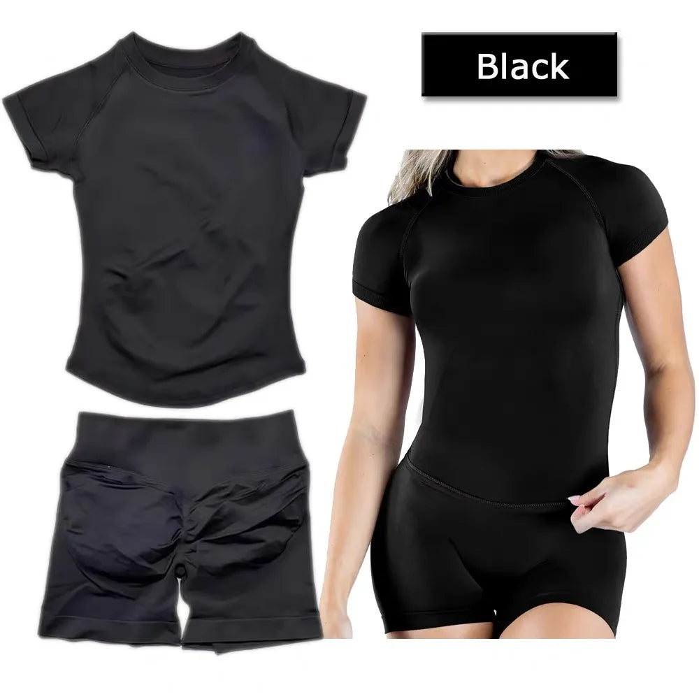 2 Pieces Sports Sets Short Sleeve Seamless Yoga Top Fitness Set Women Workout Running Sports Shorts Gym Suit