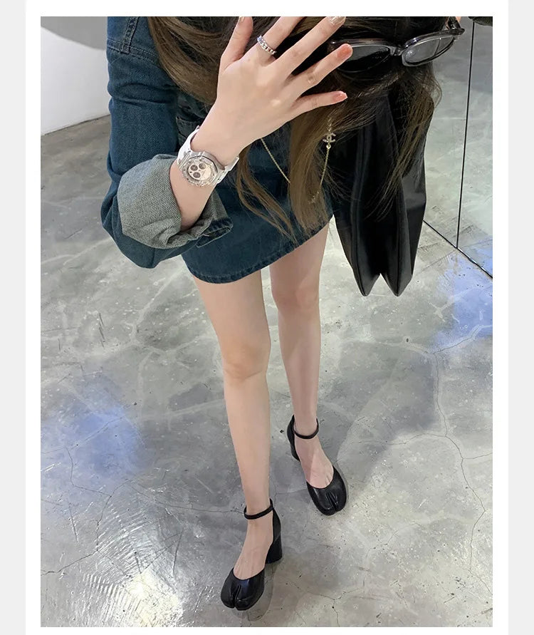 Brand Designer Tabi ninja high heels shoes woman ankle strap silver crack leather pumps split toe D'orsay mary janes shoes woman